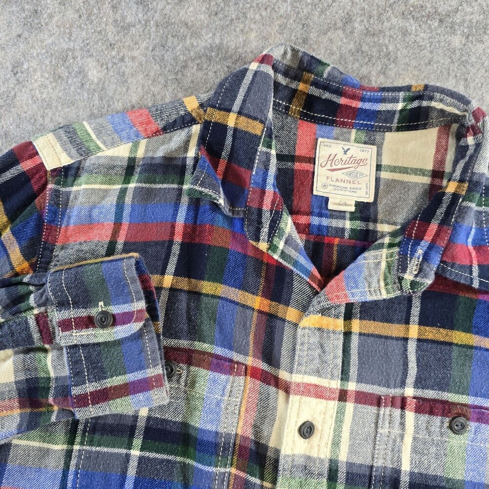 Heritage American Eagle Button-Up Multi-Color Plaid Flannel Shirt Men's Large